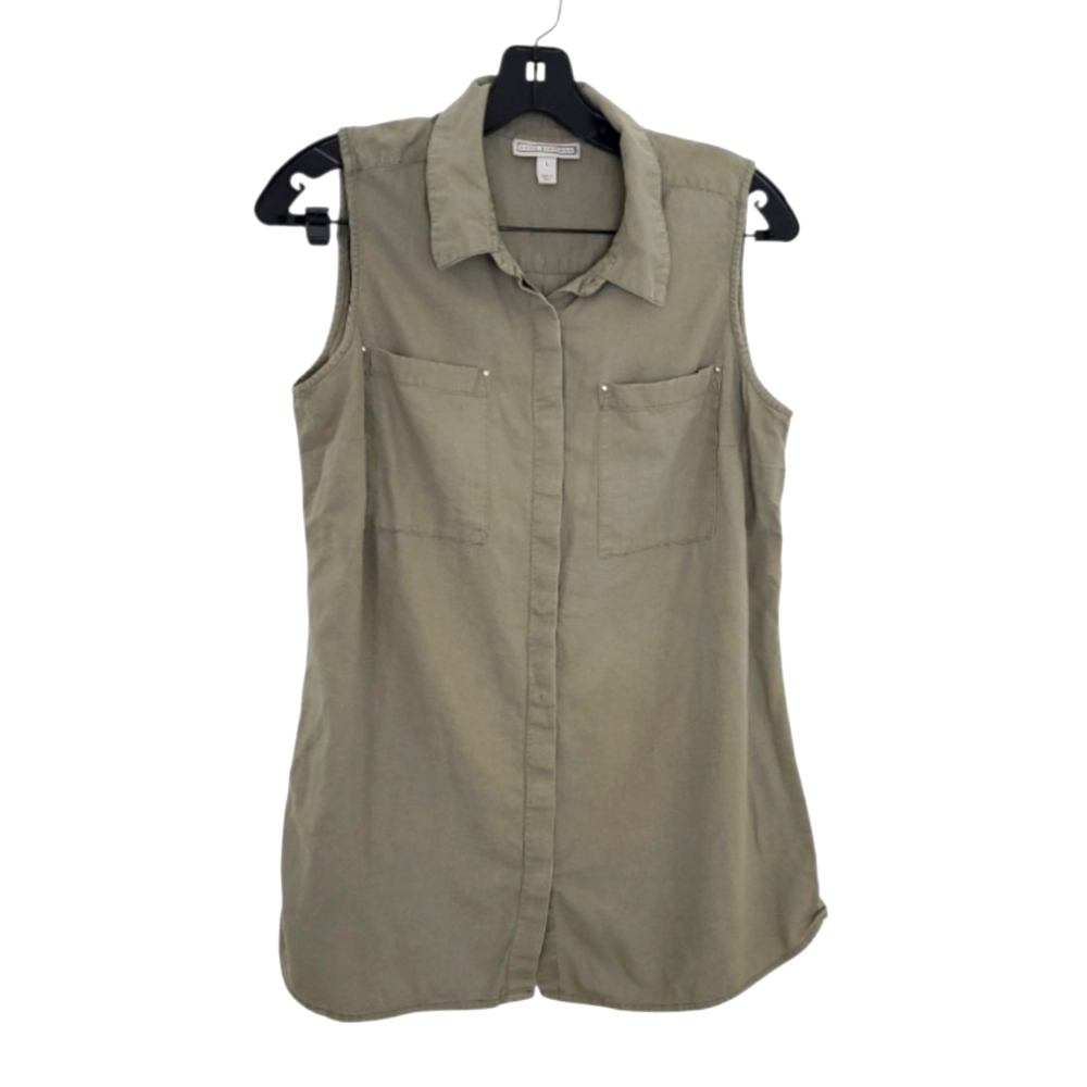 Dana Buchman Button Up-top Linen Blend Olive Green. Size L